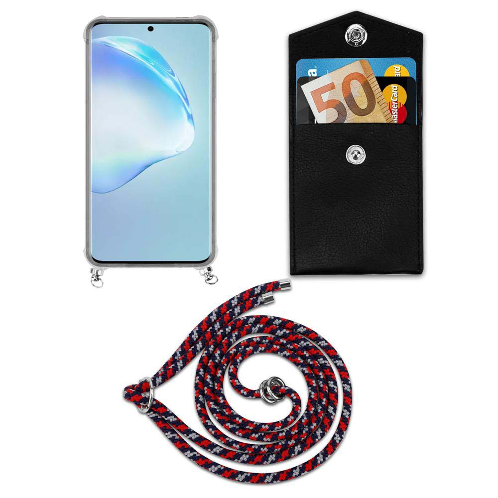 Smartphone in custodia con cordino, portafoglio con banconota da 50 euro.