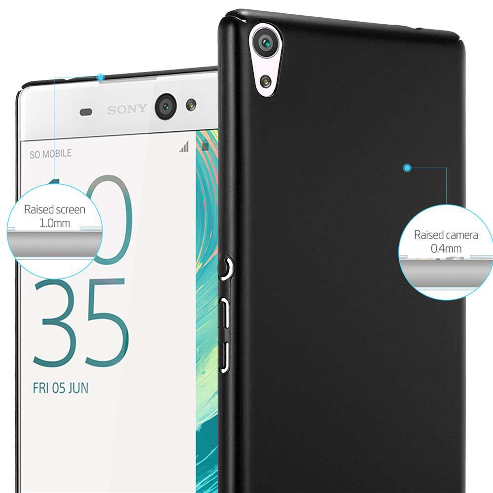 Custodia nera per telefono mostra telefono Sony con ora e data. Schermo e fotocamera rialzati.