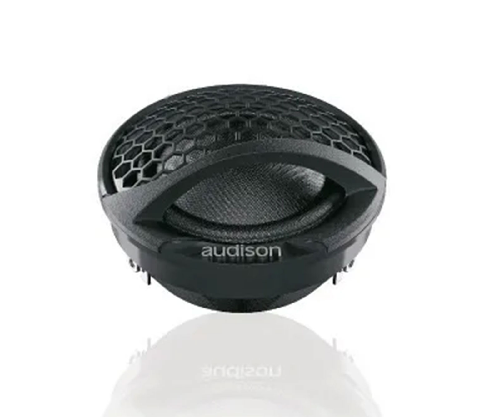 Schwarzer Lautsprecher mit wabenartigem Gitter und Audison-Logo.