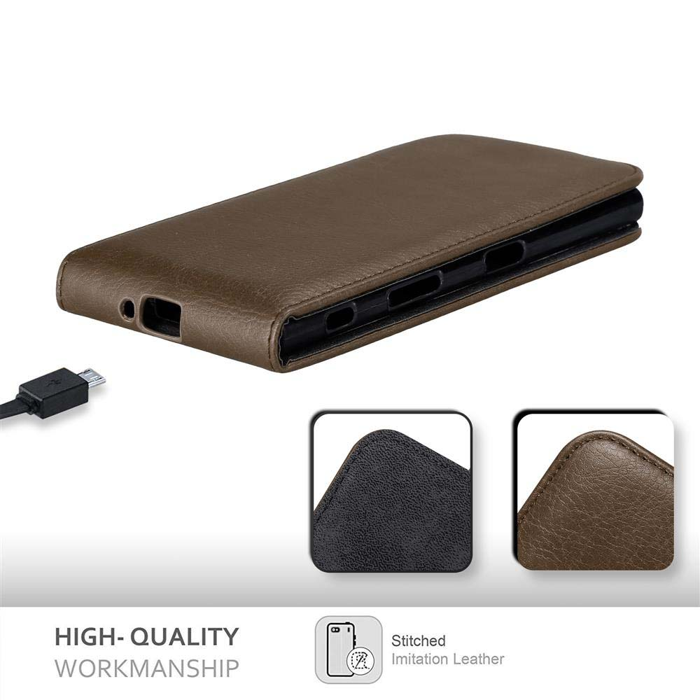 Custodia in pelle marrone per telefono con cavo USB e dettagli.