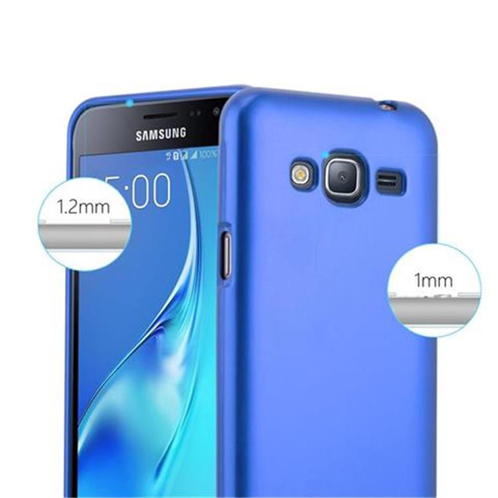 Un teléfono Samsung azul con funda protectora. La izquierda muestra un grosor de 1,2 mm.
