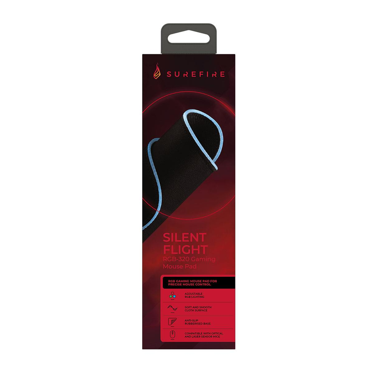Podkładka pod mysz gamingowa Surefire Silent Flight RGB-320, czarna z niebieskim obszyciem.
