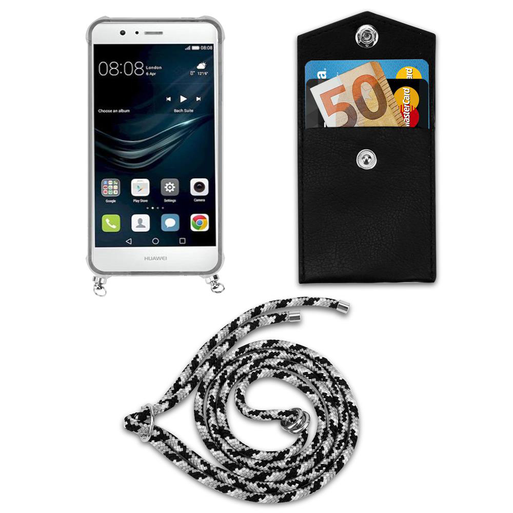Uno smartphone, un portafoglio nero con soldi e carta, e un cordino.