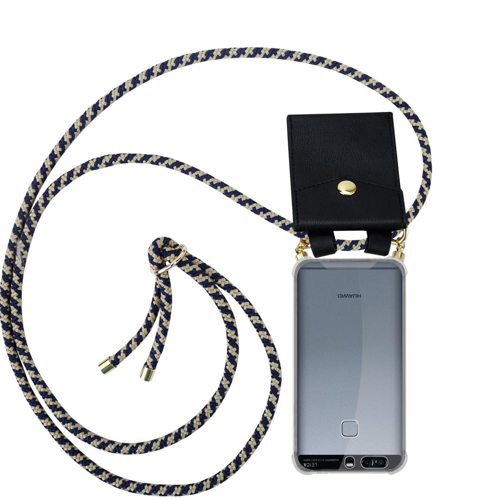 Ein Handy mit Umhängeband und schwarzer Tasche, weißer Hintergrund.