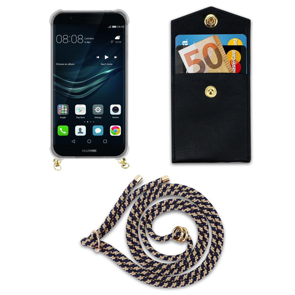 Ein Smartphone mit Hülle, einer Brieftasche mit Karten und Geld und einem Lanyard.