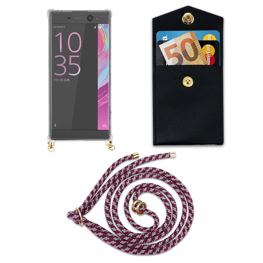 Ein Smartphone, eine schwarze Tasche mit Karten und ein Band auf weißem Grund.