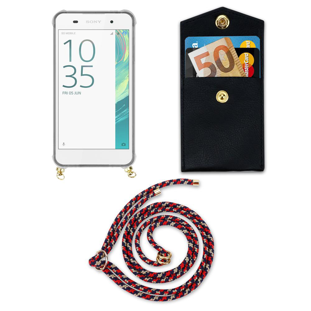 Smartphone mit Hülle, schwarze Tasche mit Geld und Karten, bunte Kordel.