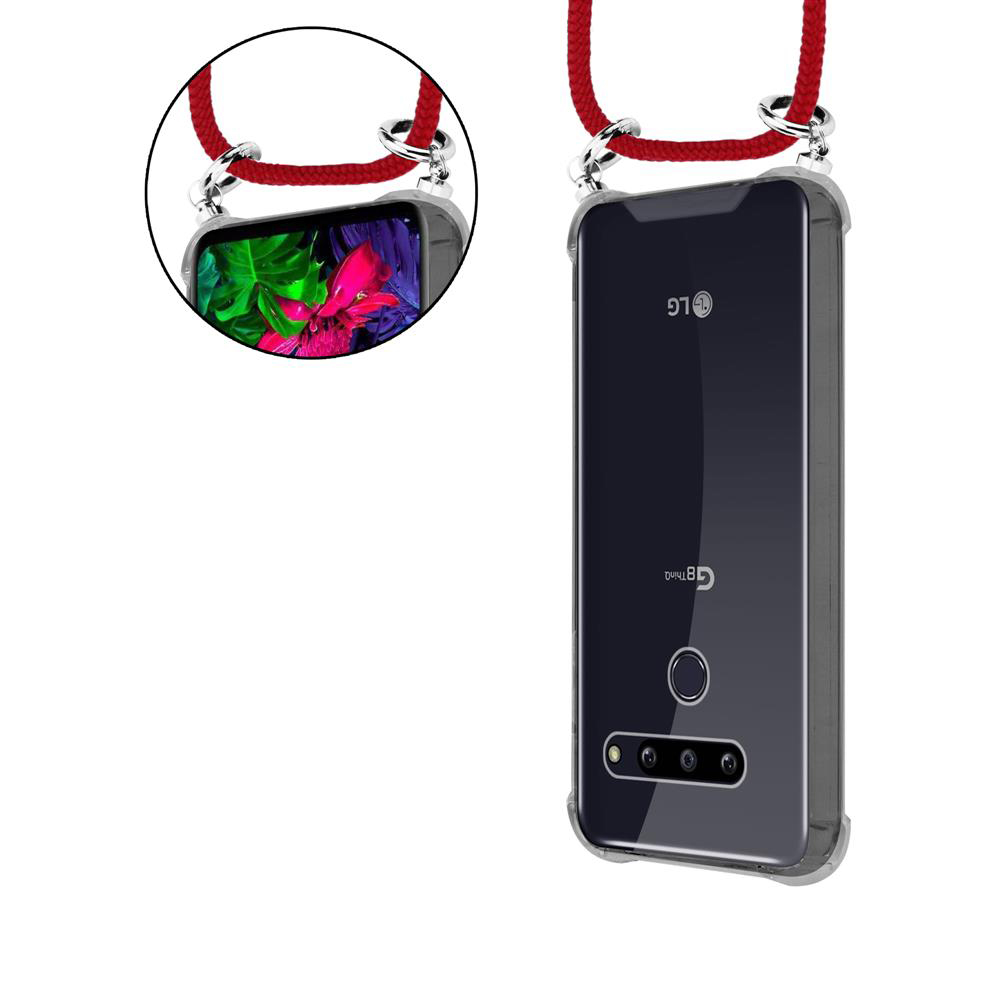 Transparente Handyhülle mit roter Lanyard an Telefon mit buntem Bildschirm