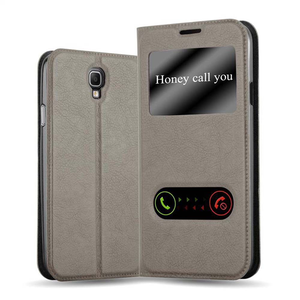Funda gris para teléfono con ventana que muestra una llamada.