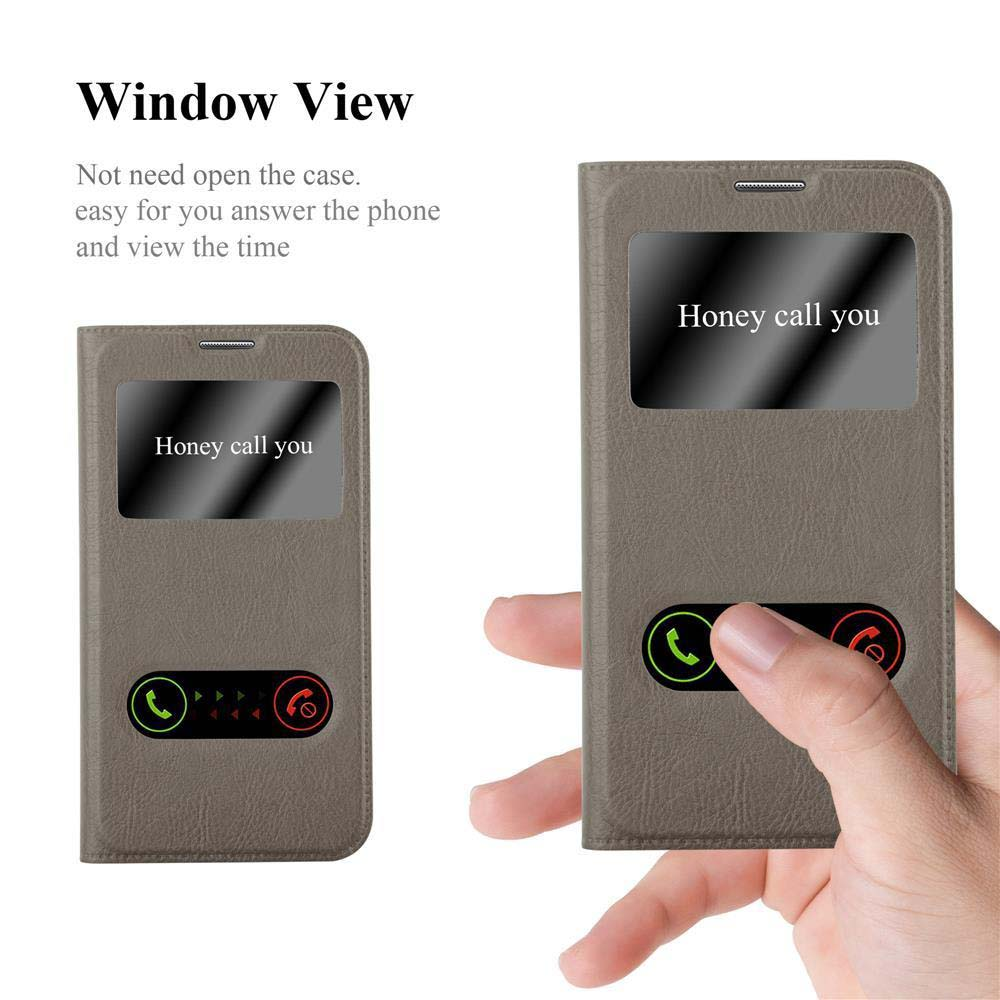 Funda de teléfono gris con ventana y iconos de llamada. Un dedo toca el receptor verde.