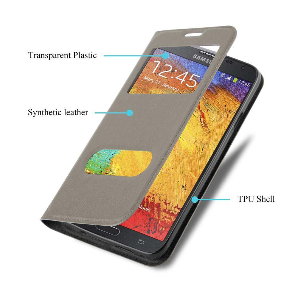 Funda tipo libro de cuero sintético gris para smartphone Samsung.