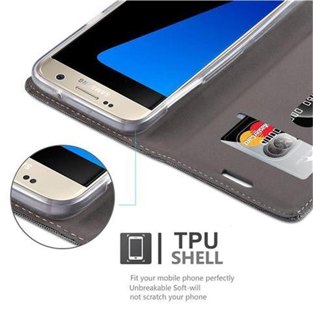 Custodia grigia per telefono con smartphone Samsung argento, slot per carte e testo.