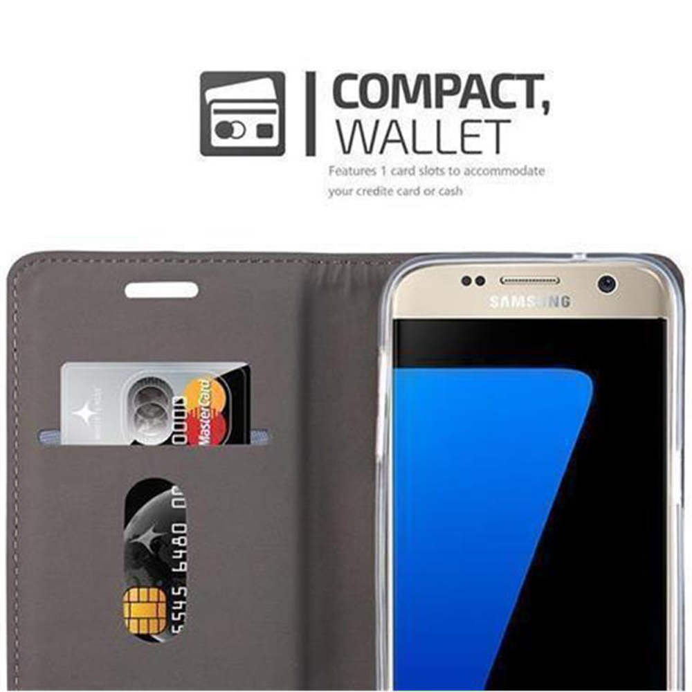 Custodia a portafoglio grigia con telefono Samsung. Contiene carte e contanti.