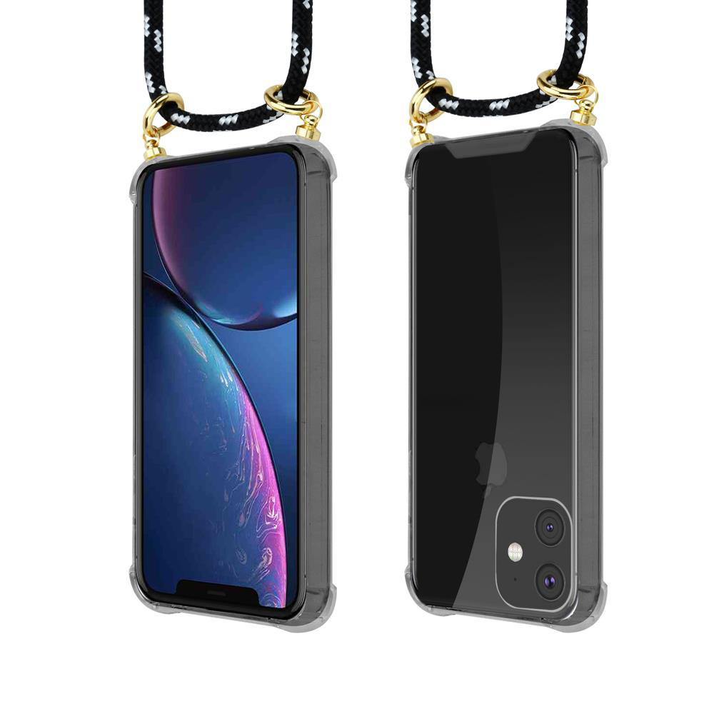 Due smartphone in custodie trasparenti con cordini neri attaccati ad anelli dorati.