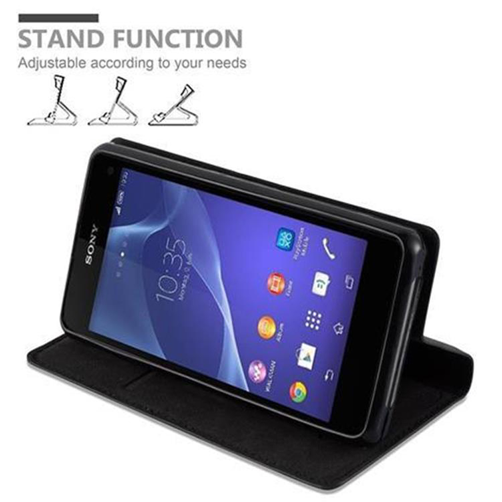 Ein schwarzes Sony-Smartphone wird in einer Schutzhülle mit Standfunktion gezeigt.