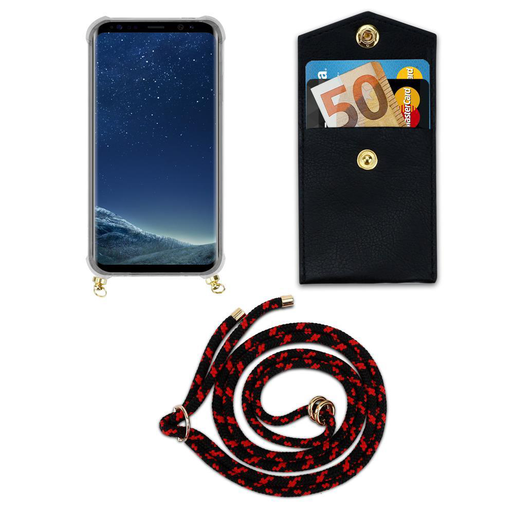 Uno smartphone in custodia, un portafoglio nero con carte e soldi, e un laccetto.