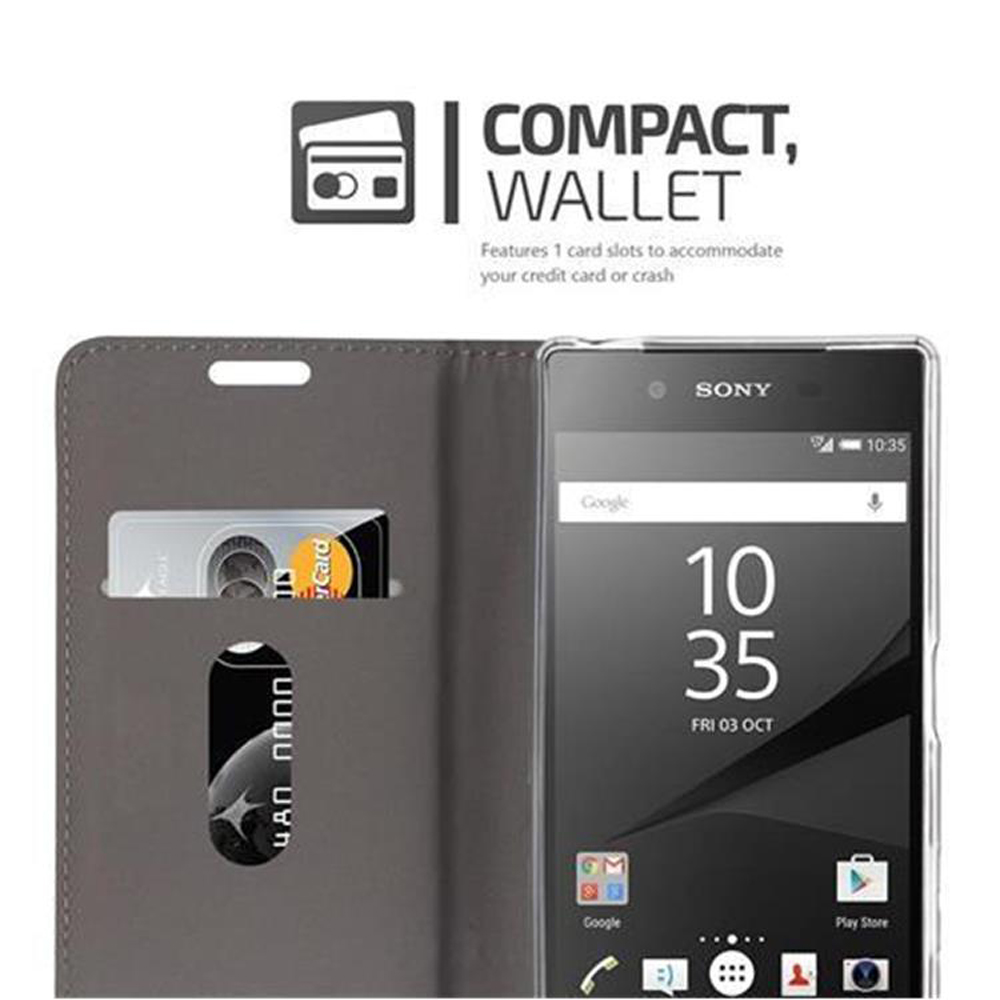 Una custodia a portafoglio grigia per uno smartphone Sony con slot per carte.