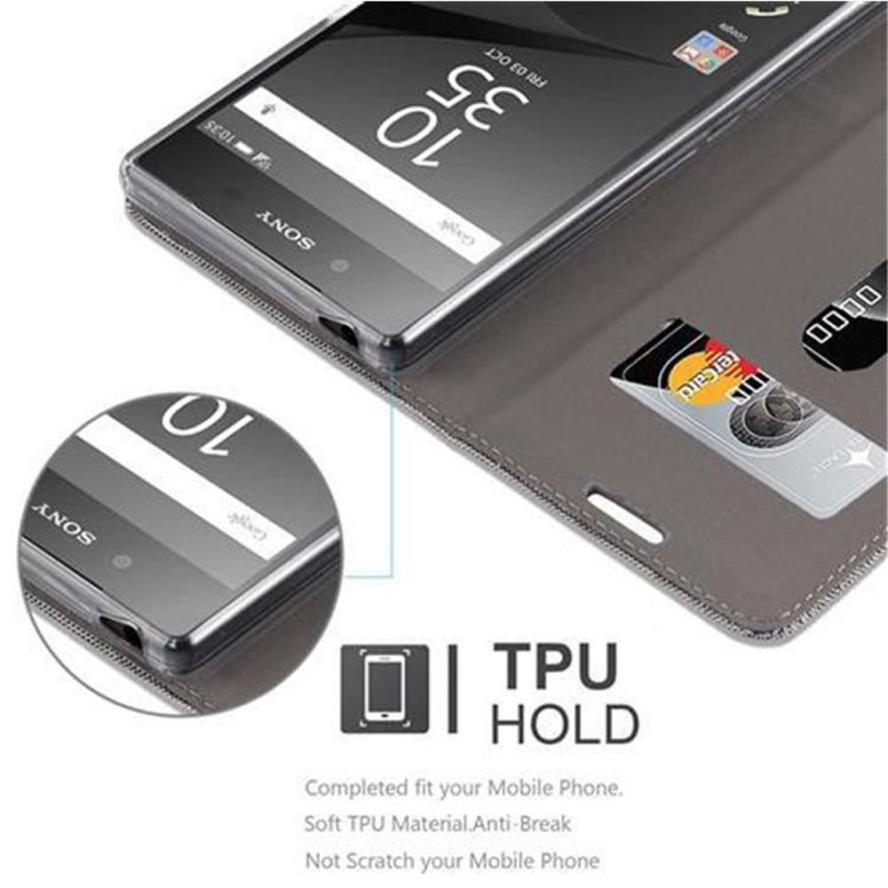 Una custodia grigia per telefono con telefono Sony, slot per carte e testo.