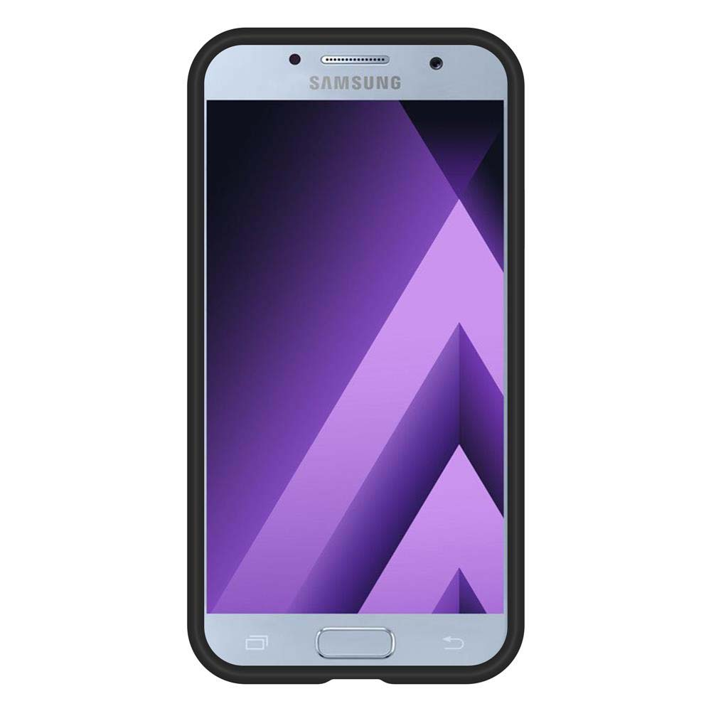 Uno smartphone Samsung nero con sfondo geometrico viola.