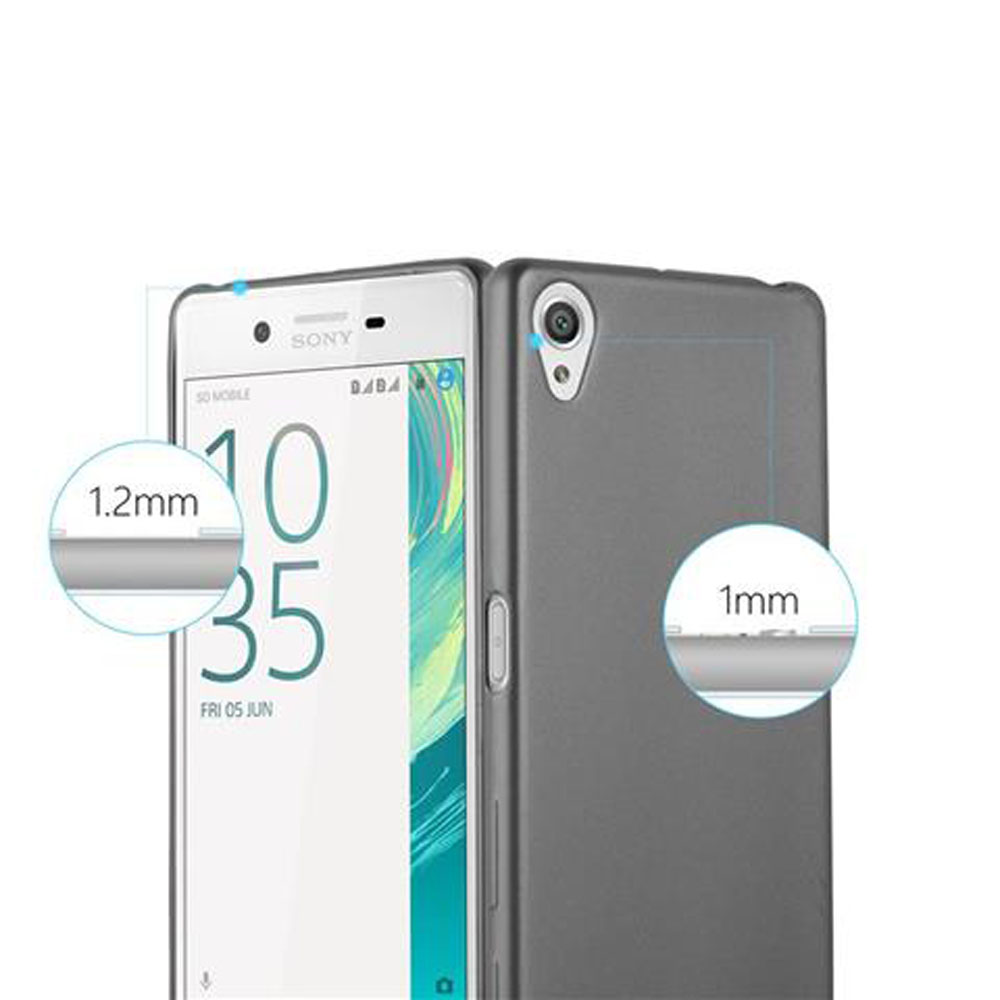 Custodia grigia per telefono con logo Sony, che mostra dimensioni di 1,2 mm e 1 mm.