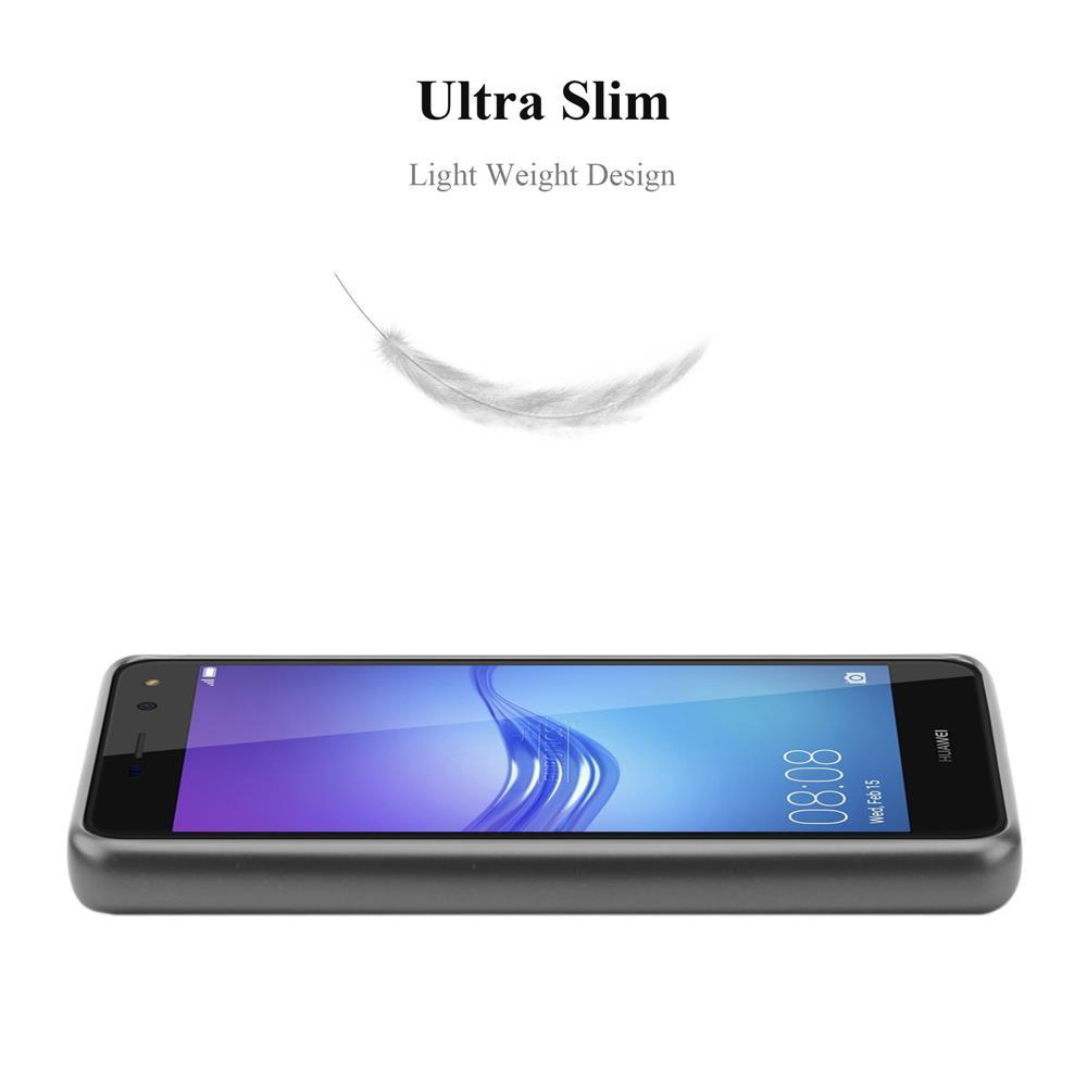 Ein schlankes, leichtes Smartphone in dunklem Gehäuse mit blauem Bildschirm.