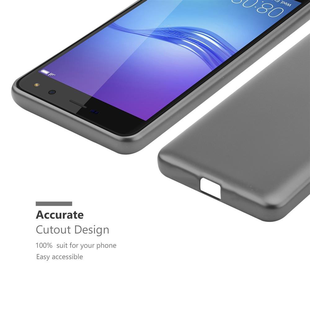 Graue Handyhülle neben einem Smartphone mit blauem Hintergrund.