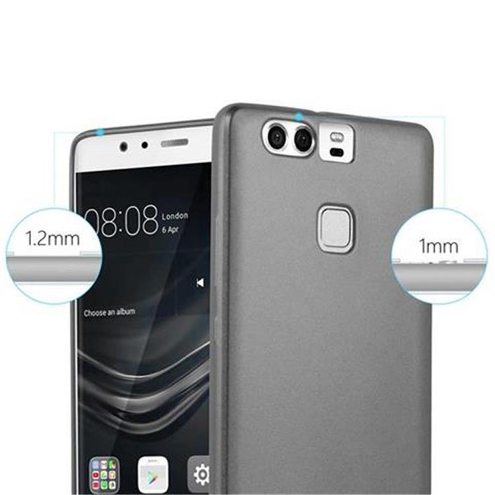 Graues Handy mit zwei Kameras und Fingerabdrucksensor. Maße 1,2mm & 1mm.