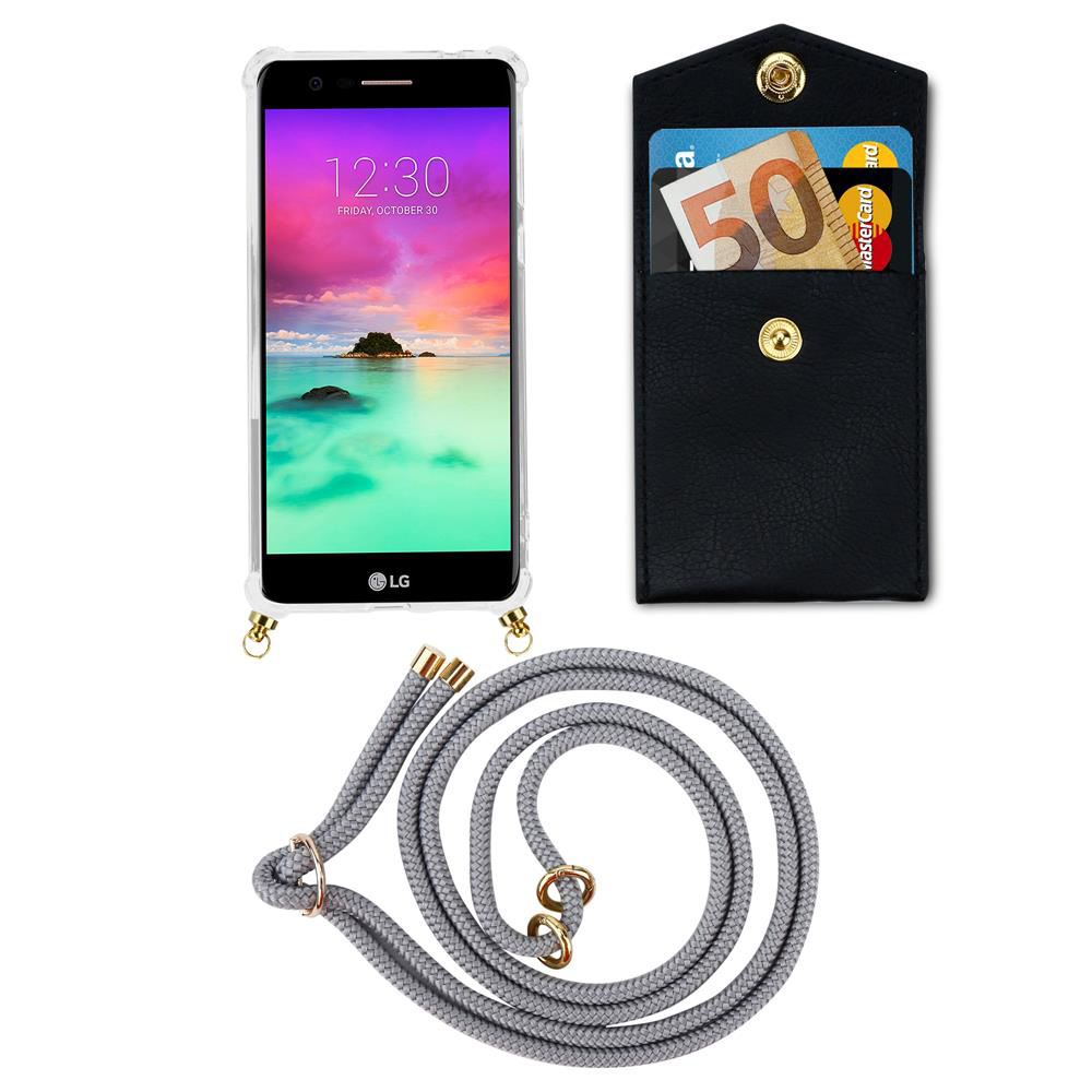Ein Smartphone mit einer Hülle, einer Geldbörse mit Geld und Karten sowie einer grauen Kordel.
