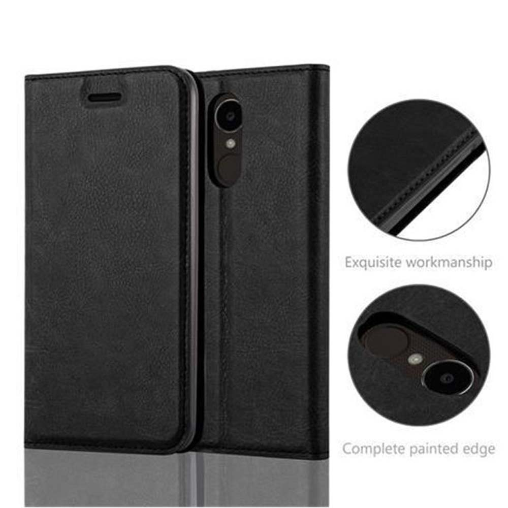 Funda tipo libro de cuero negro para smartphone, con primeros planos de bordes y cámara.