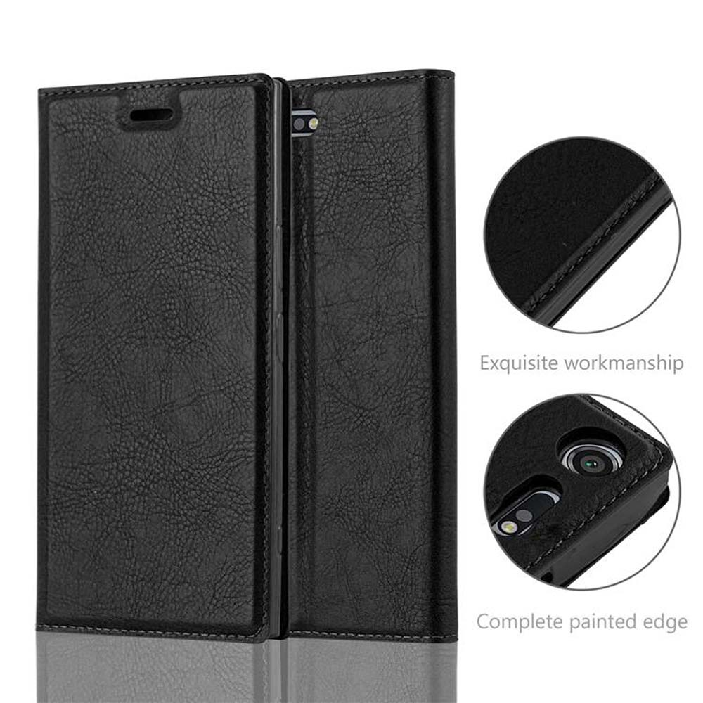 Custodia a libro in pelle nera per telefono, con primi piani.