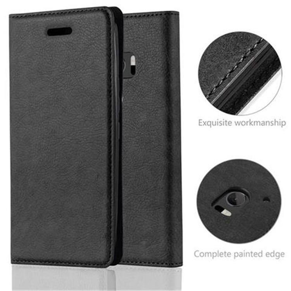 Custodia a libro in pelle nera con cuciture dettagliate e ritagli per fotocamera e altoparlante.