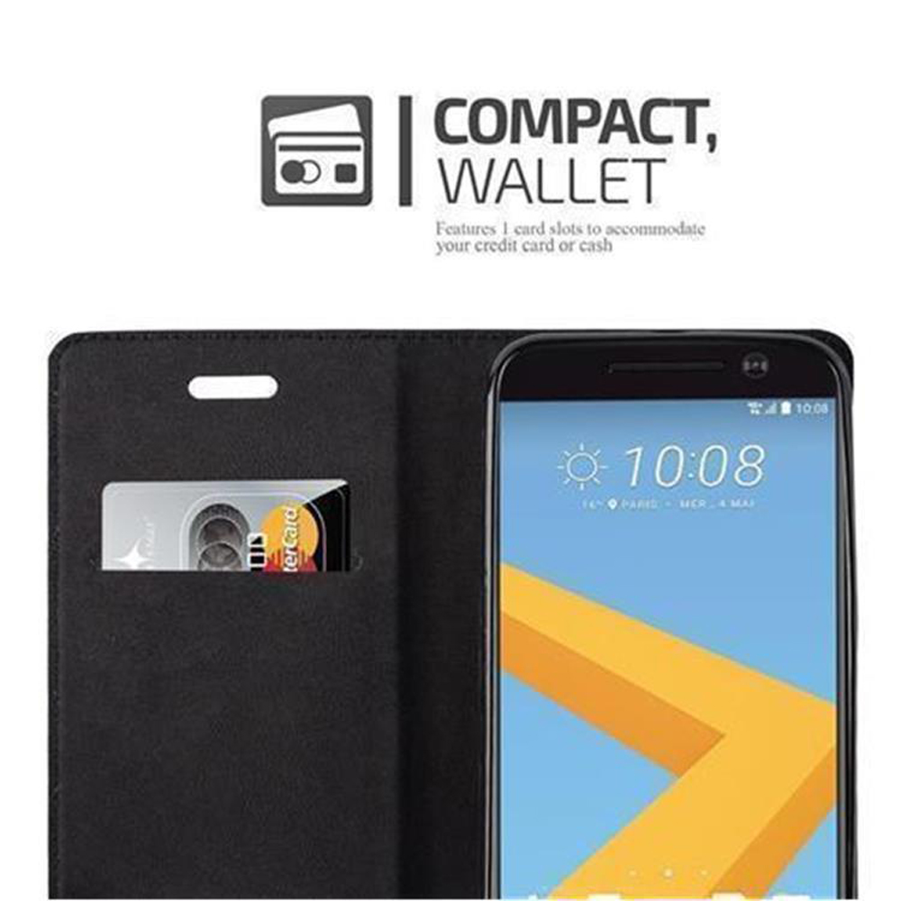 Custodia a portafoglio nera con slot per telefono. Una carta visibile.