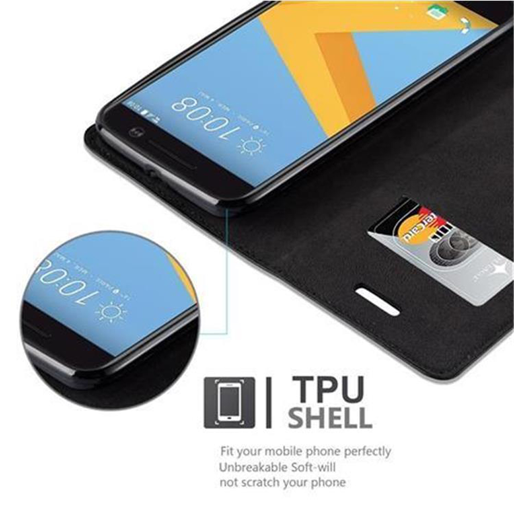 Custodia nera a libro per telefono con carta e smartphone che mostra le 10:08.