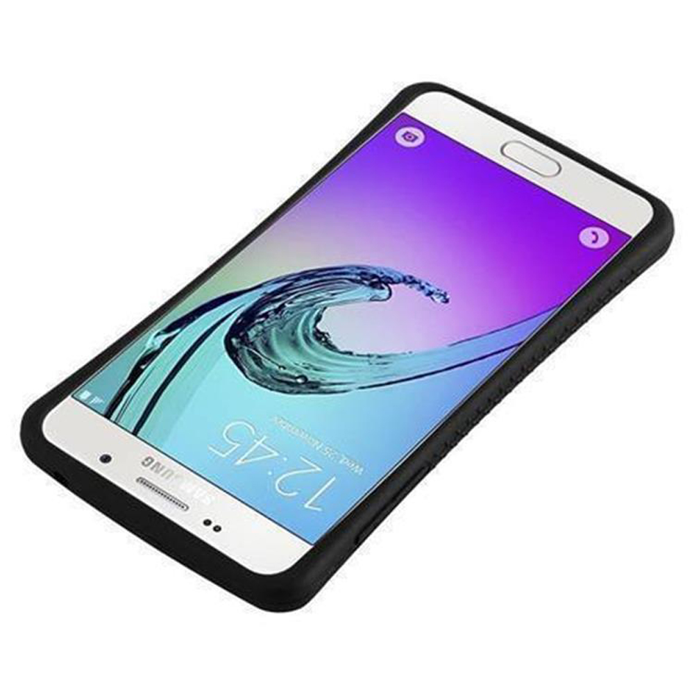 Uno smartphone Samsung nero con sfondo a onda e ora 12:45.
