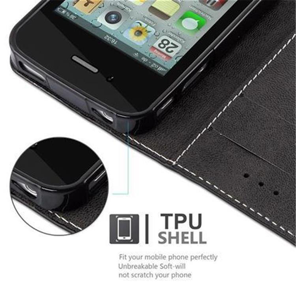 Uno smartphone nero in una custodia nera con cuciture. Testo: TPU SHELL.