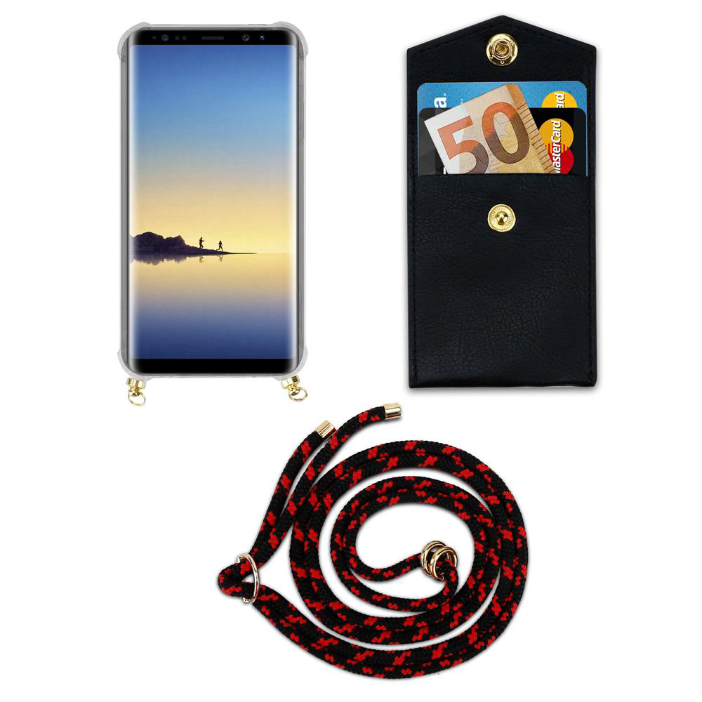 Uno smartphone in custodia, un portafoglio con soldi e carta, e un cordino.