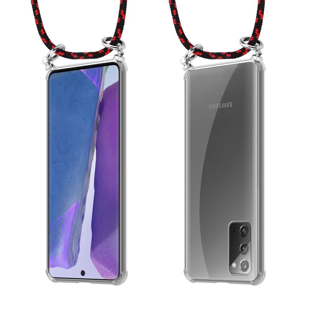 Due telefoni in custodie trasparenti con cordini. Sinistra fronte, destra retro.