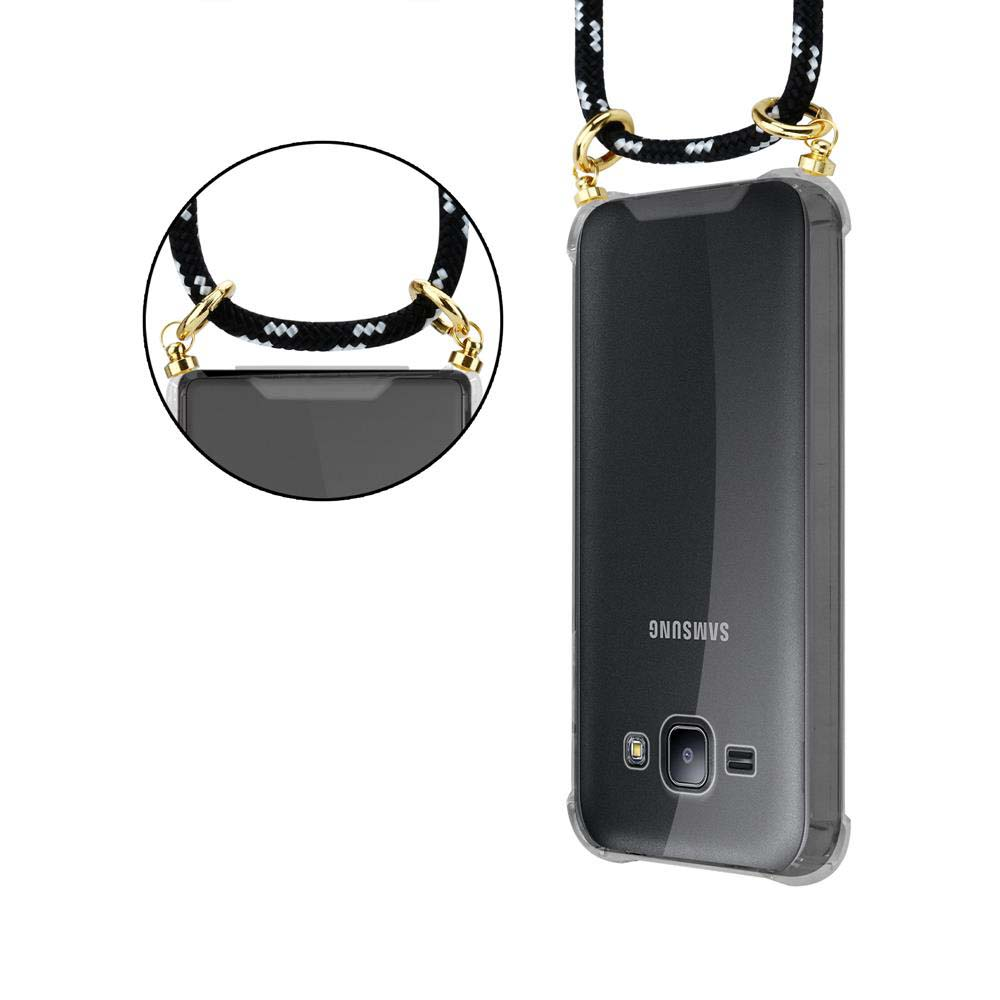 Telefono Samsung nero con cordino e custodia, primo piano.