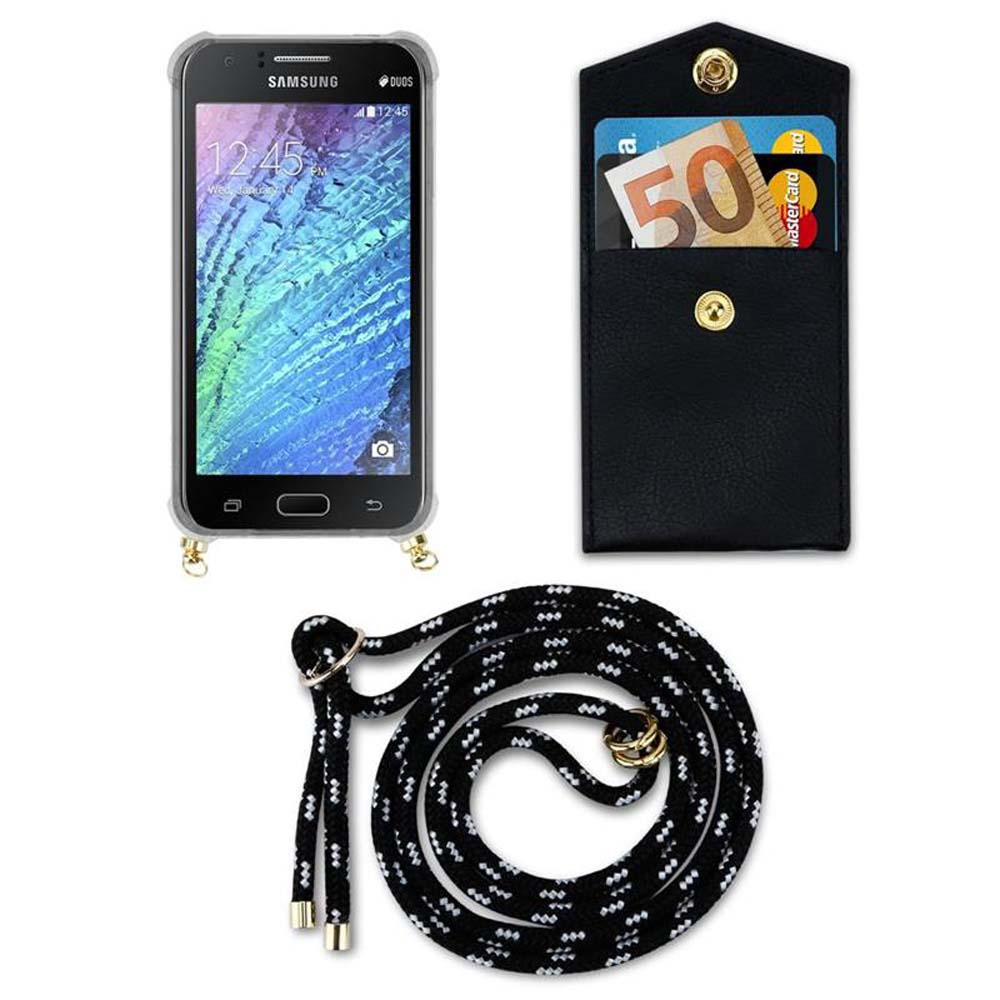 Un telefono Samsung, astuccio nero con carte e soldi, e un laccio nero.