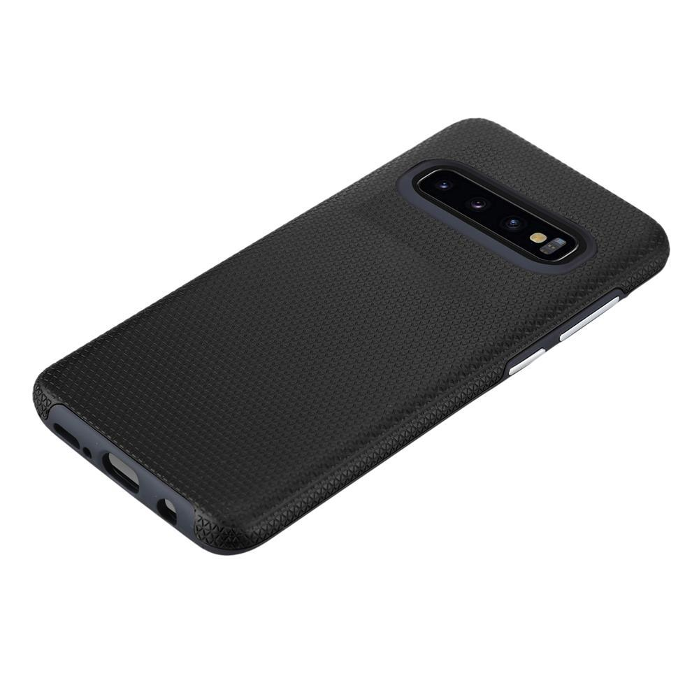 Custodia nera per telefono con motivo testurizzato e modulo fotocamera.