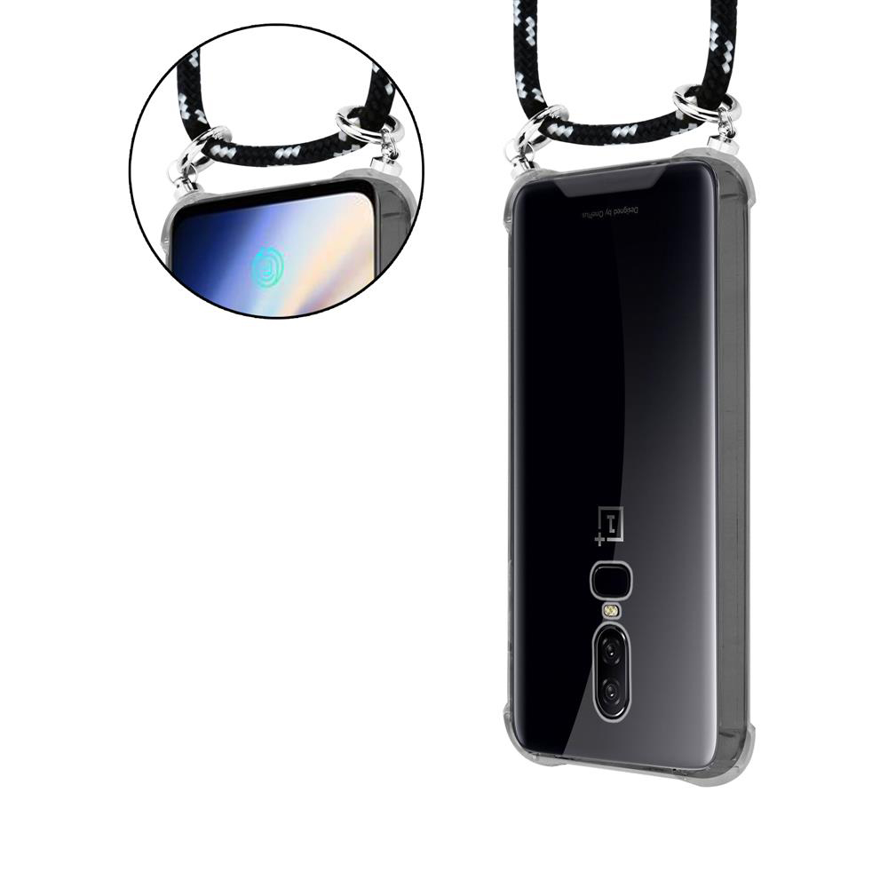 Ein Smartphone in einer transparenten Hülle mit einem Lanyard.