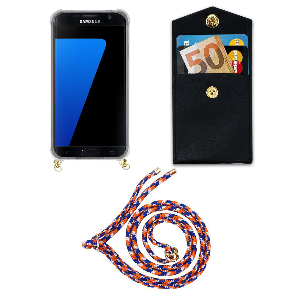 Uno smartphone nero con custodia trasparente, una tasca nera con carte e contanti, e un cordone.