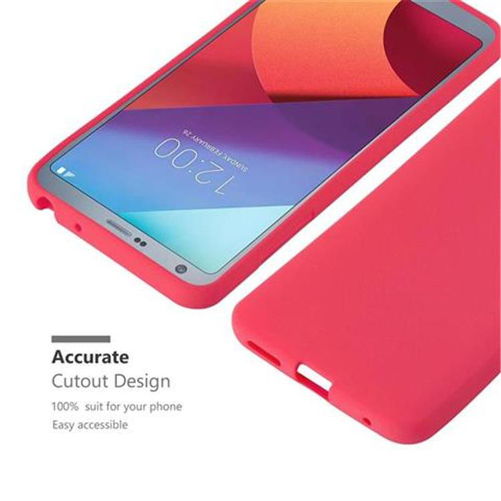 Uno smartphone rosso con custodia dal design ritagliato. Ore 12:00 sullo schermo.