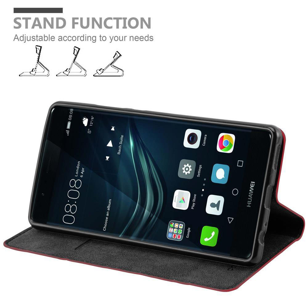 Uno smartphone Huawei nero in una custodia rossa con funzione stand.