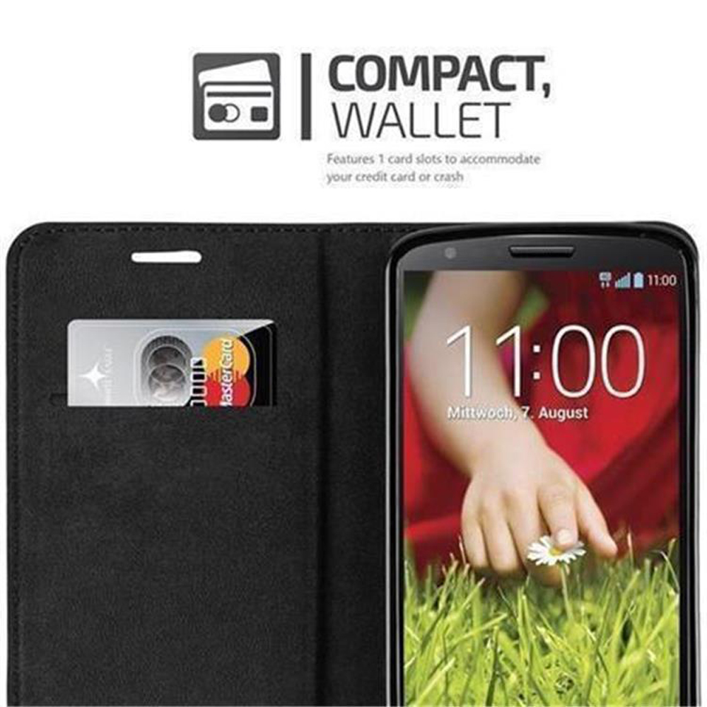 Custodia a portafoglio nera per telefono con slot per carte e smartphone che mostra le 11:00.