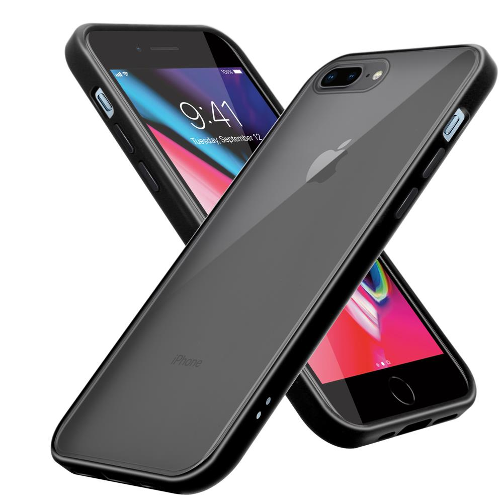 Due custodie nere per iPhone con retro trasparente, sovrapposte.