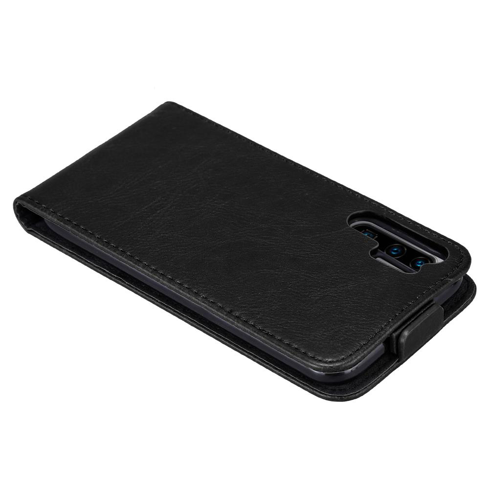Custodia a libro in pelle nera per smartphone, con apertura fotocamera.