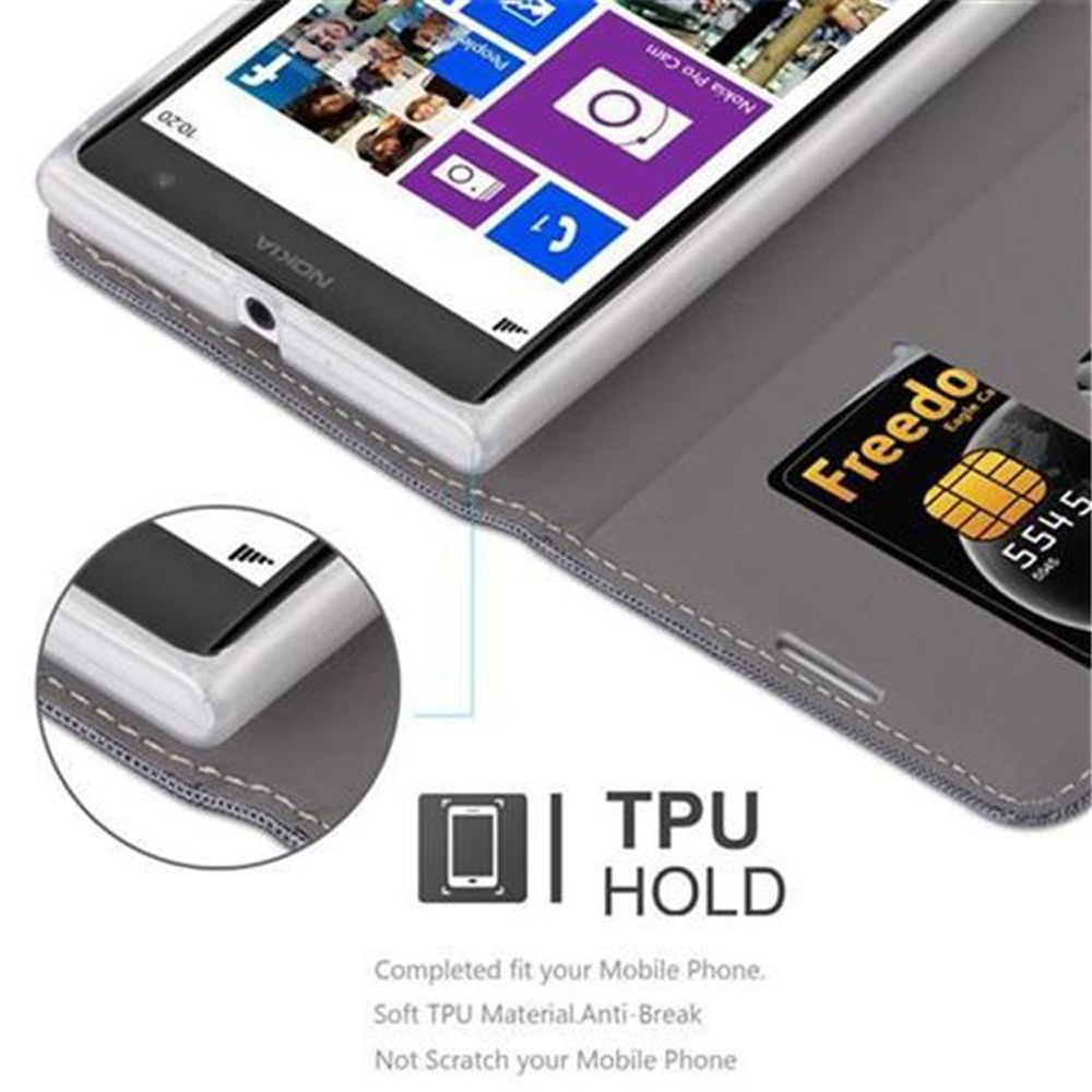 Uno smartphone Nokia in una custodia grigia con carta di credito.