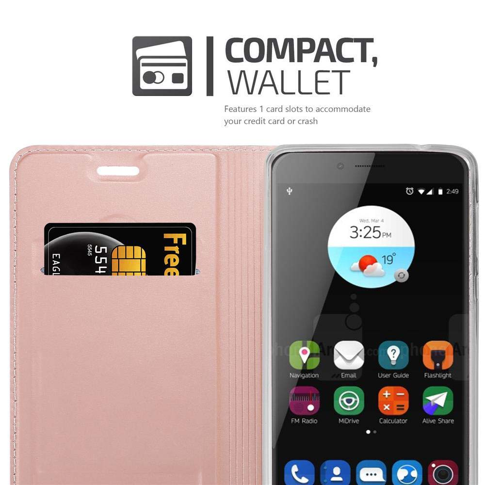Una custodia a portafoglio rosa per smartphone con una carta inserita.