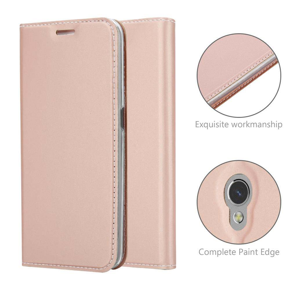 Una custodia a flip color oro rosa, primi piani evidenziano i dettagli.